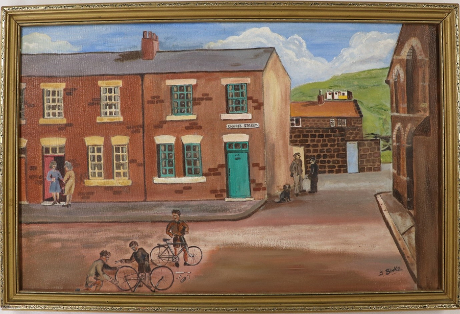 A painting by Stan Banks showing a village street scene with two boys playing on bicycles in the foreground.
