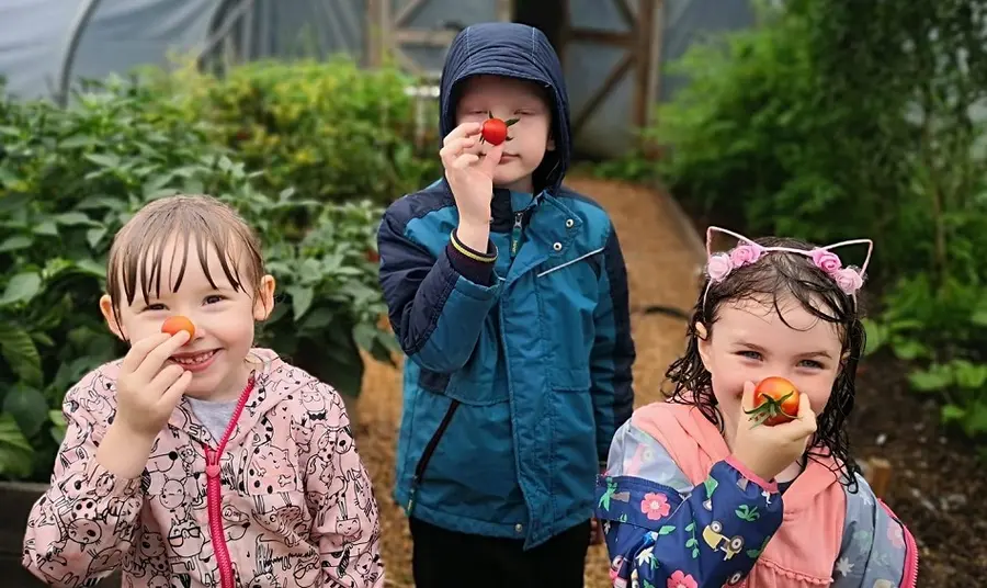 Prosiect Cadwraeth a Threftadaeth Dyffryn Gwyrdd Tri phlentyn yn dal tomatos i'w trwynau