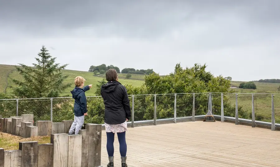 The Sill: Unspoilt Landscapes, Inspiring People An adult and child stand on decking, looking out over a countryside landscape