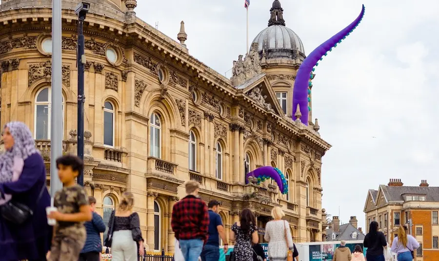 The outside of the Hull Maritime Museum, under renovation, with sea monster tentacles appearing out the top