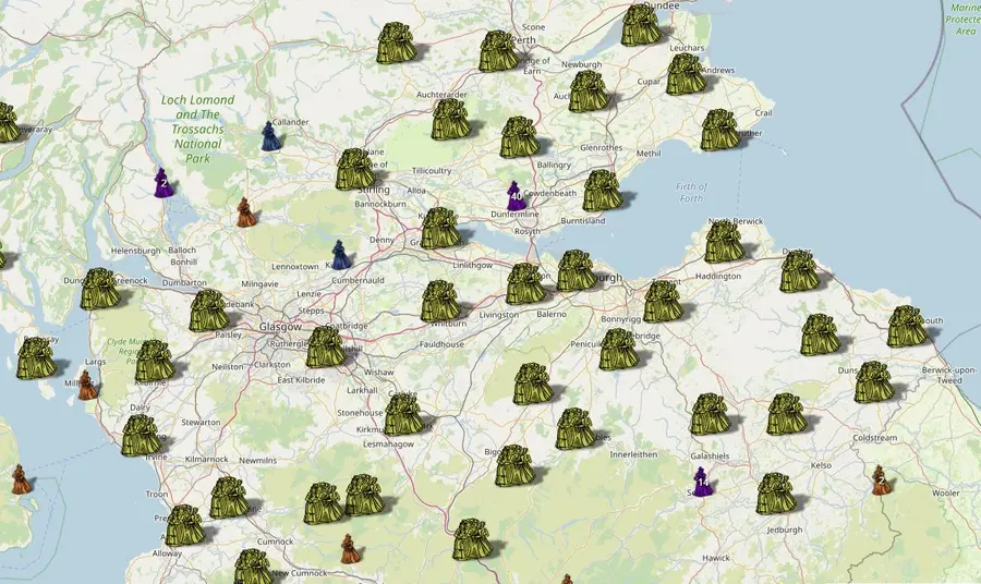 Map of Scotland showing where people were accused of witchcraft