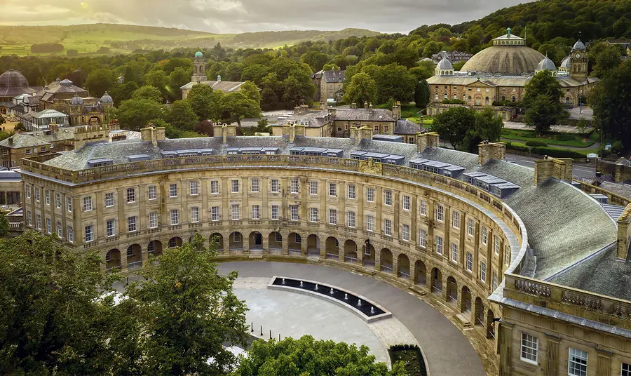 Risk Register surveys the highs and lows of historic sites in England Buxton Crescent from above.