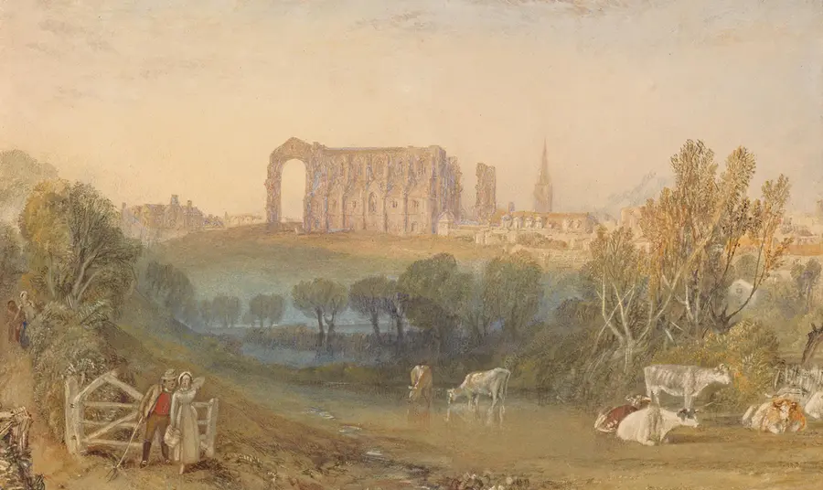 Landscape painting showing ruins of an abbey with cattle in the foreground