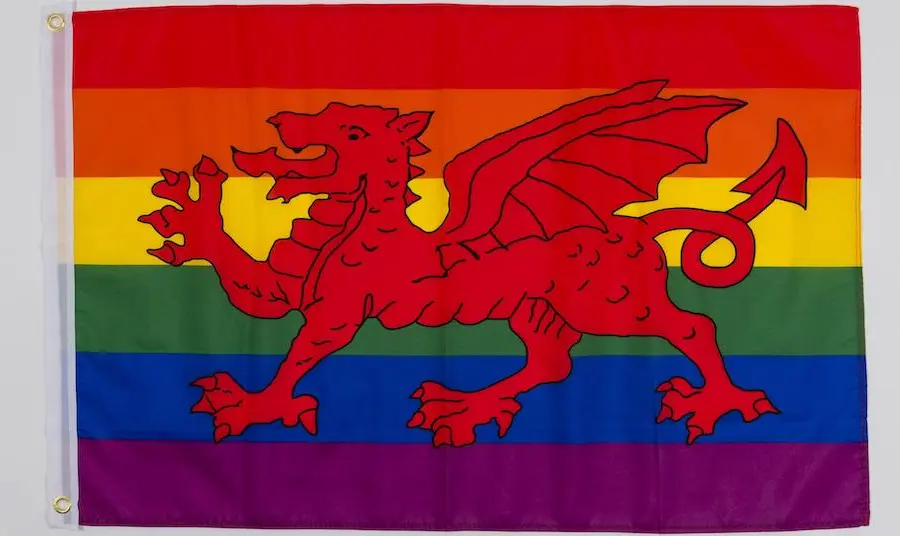 A Welsh flag with rainbow background. A national Welsh flag with rainbow background.