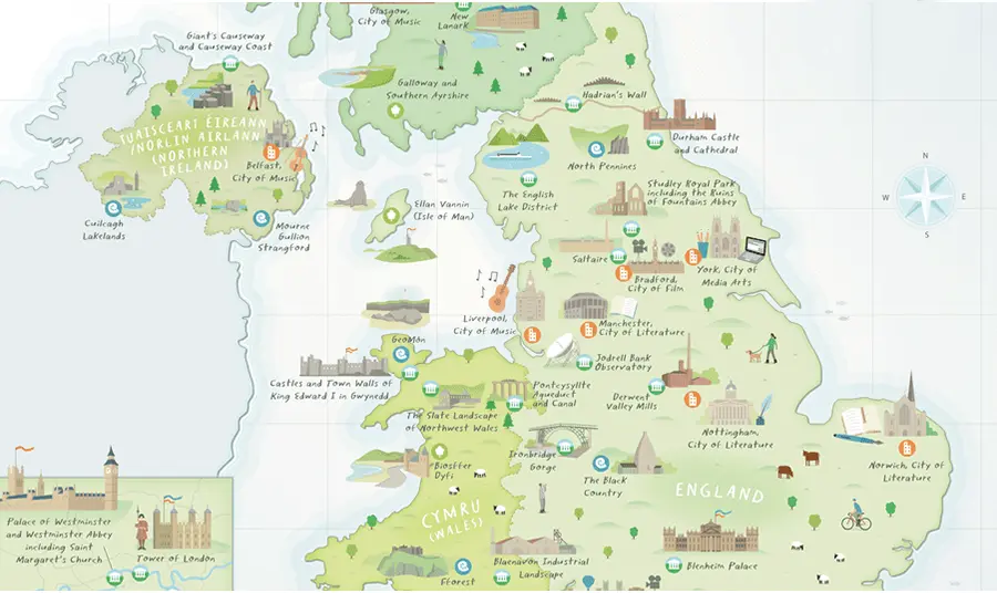 Illustrated map showing 58 UK UNESCO sites Illustrated map showing 58 UK UNESCO sites