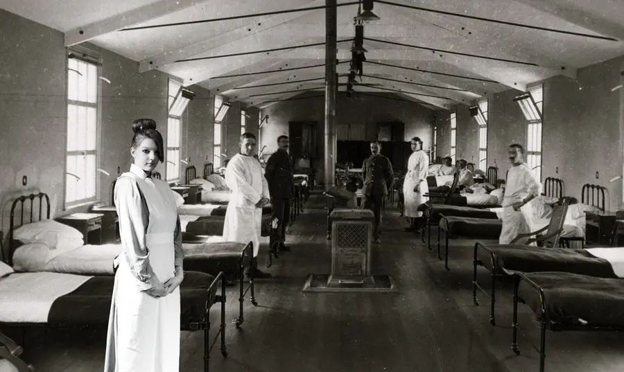 Yours Sincerely Participant as a VAD (Voluntary Aid Detachment) nurse in front of a green screen with an image of a First World War hospital