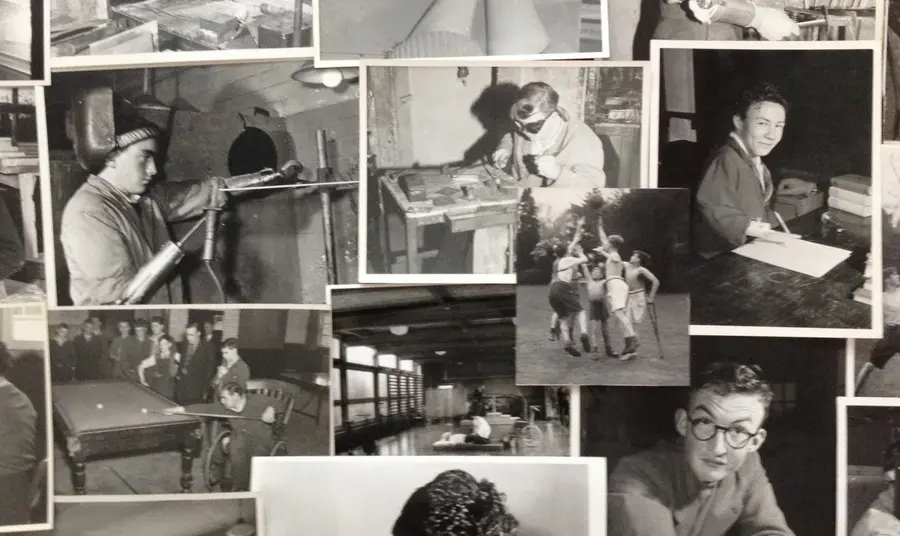 A group of black and white archive images featuring people with disabilities in the workplace.
