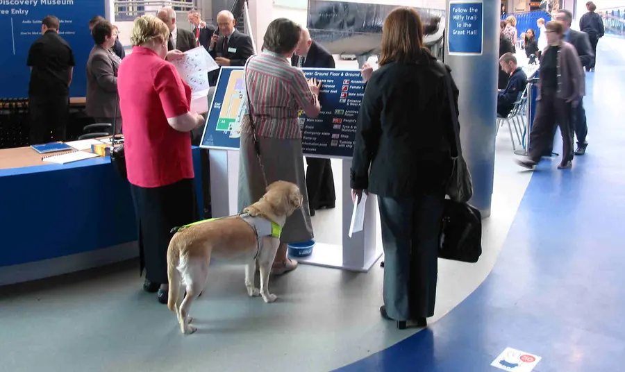 Look, touch, listen and smell at the Tyne & Wear Archives and Museums A visitor accompanied by a guide dog uses braille signage