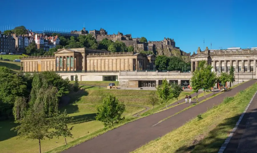 The National, Edinburgh, home of the Scottish galleries. The grand neoclassical facade of the National sits atop the Mound in the centre of Edinburgh, looking out over the greenery of Princes Street Gardens.