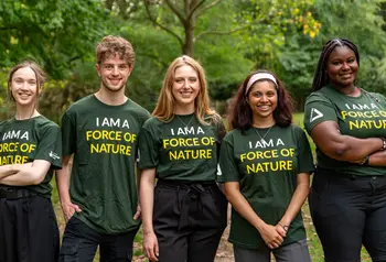 Five young people stand side by side wearing t-shirts that say 'we are a force of nature'
