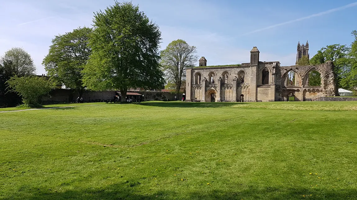Glastonbury Abbey reopens thanks to emergency funding Glastonbury Abbey with a lawn foregrounded
