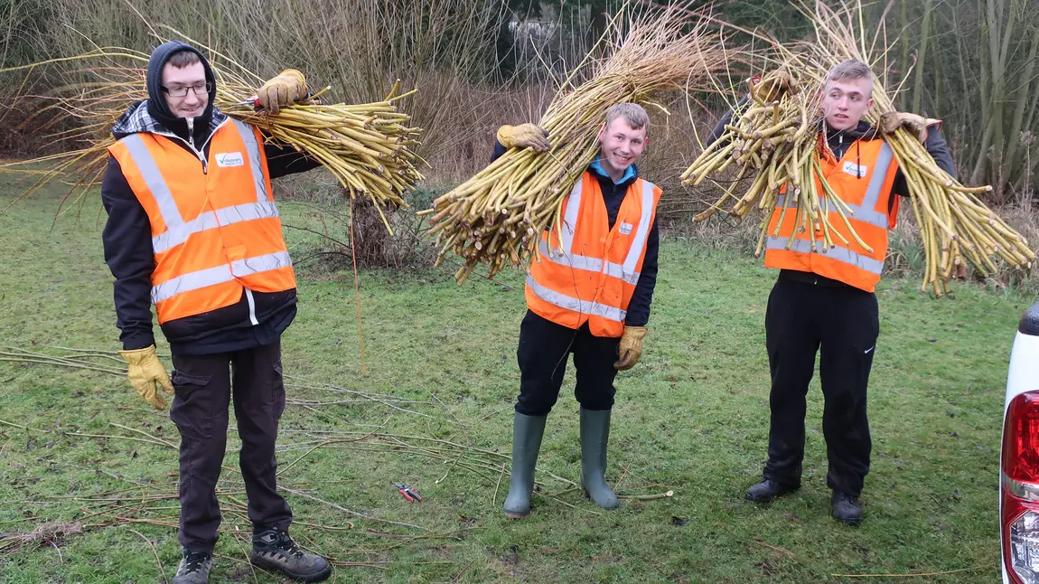 Environmental sustainability Three young men carrying willow
