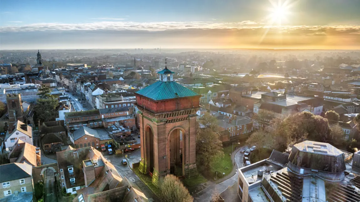 Sunrising on Jumbo in Colchester. A view from above of the water tower in Colchester, standing high above other buildings