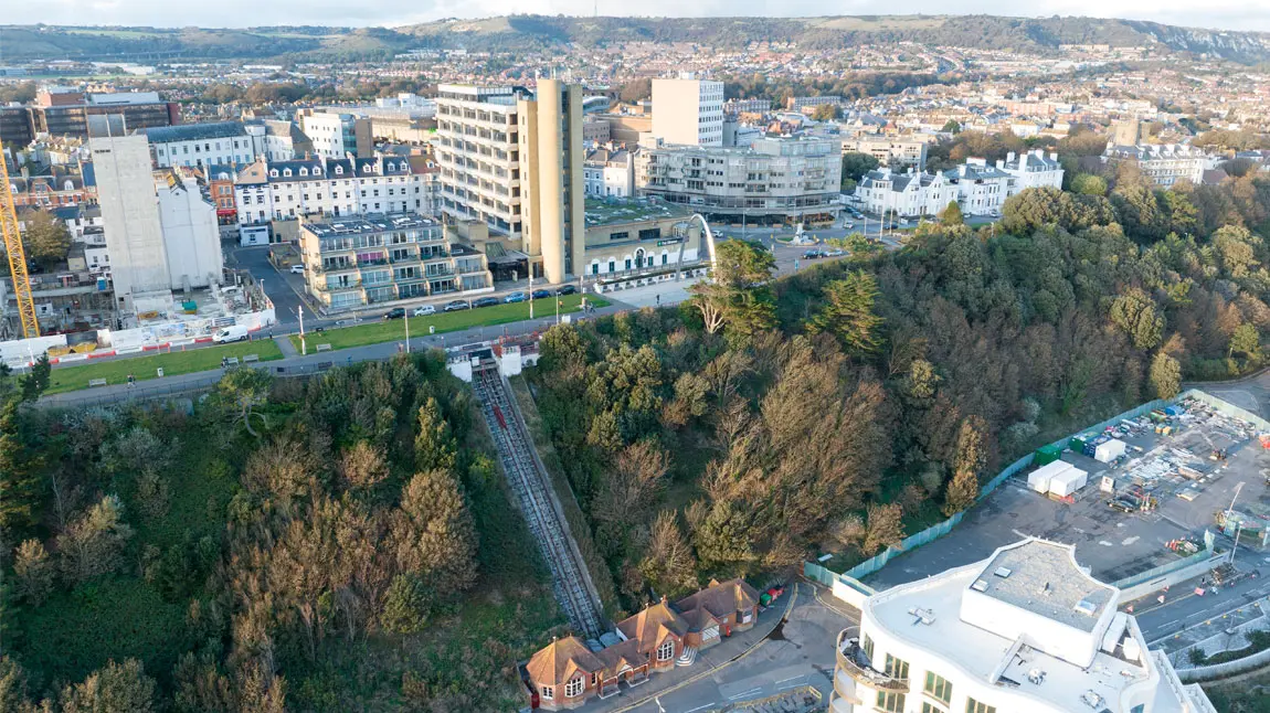 Leas Lift, Folkestone An aerial view of Leas Lift on the cliff edge with town buildings above