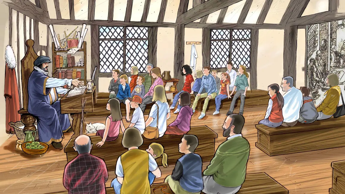 Willingly to school with Shakespeare thanks to National Lottery grant Artist's impression of how people can get involved in Shakespeare's school