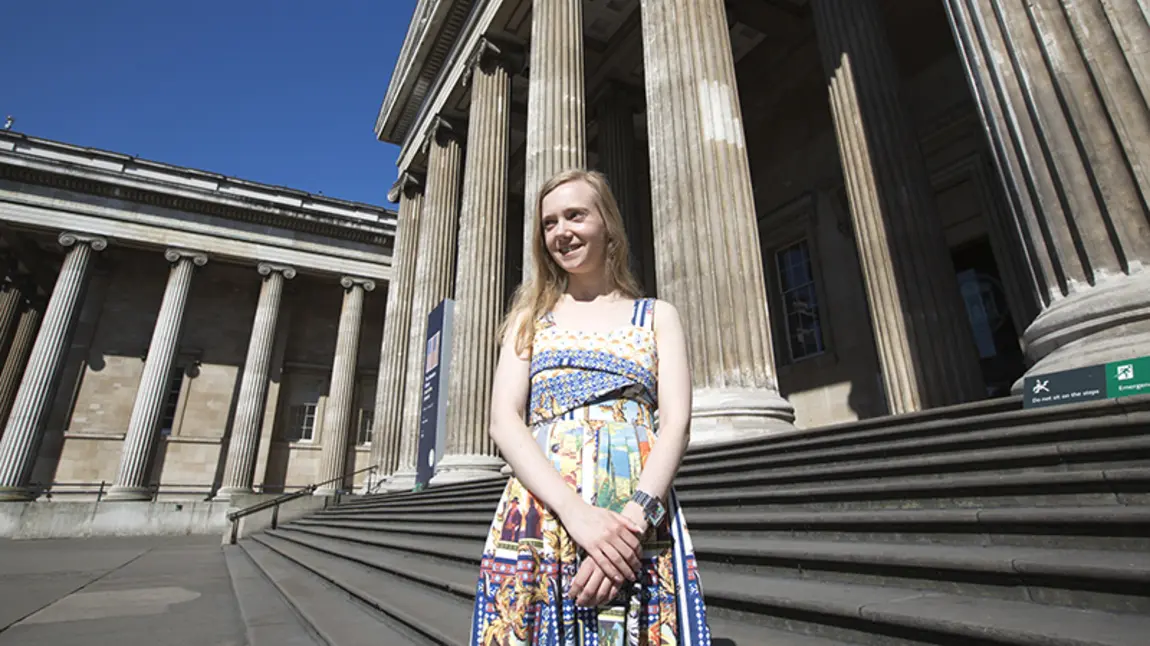 Jessica Starns outside her new workplace, the British Museum Jessica Starns stands outside the grand British Museum building, smiling